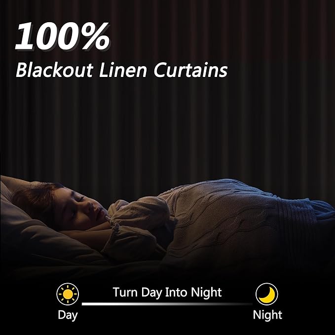 Guken Blue 100% Blackout Linen Curtains 132 Inch Length 2 Panels Set - Image 2