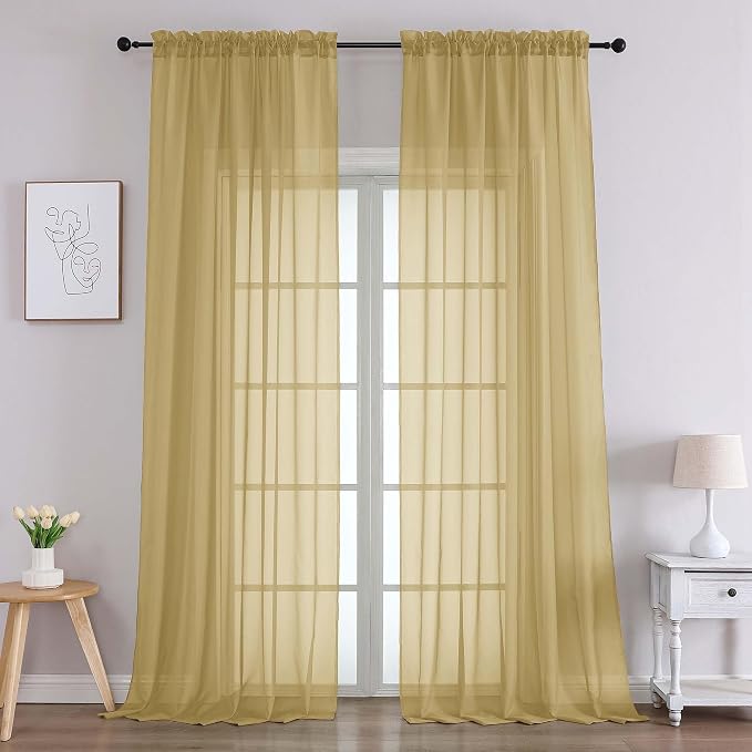 Chyhomenyc Gold Sheer Curtains 96 Inches Long 2 Panels, Light Filtering Gold by Chyhomenyc