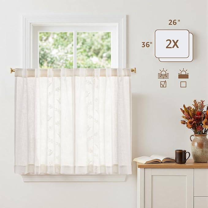 jinchan Belrose Linen Floral Kitchen Curtains 36 inch Length Embroidered - Image 5