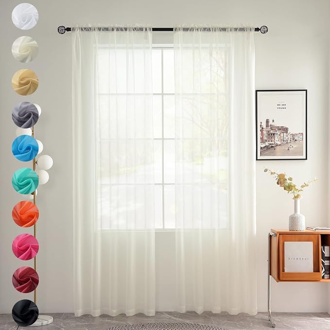 youleyar Solid Sheer Rod Pocket Curtain Voile Draperies 2 Panels White Beige by Youleyar