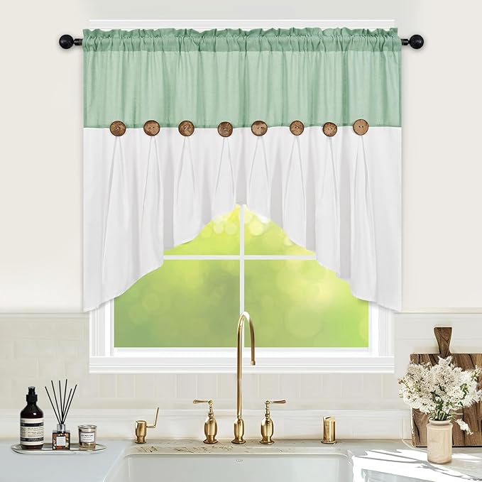 FRAMICS Farmhouse Swag Curtain, Boho Cotton Linen Valance Curtain, Sage Green by FRAMICS