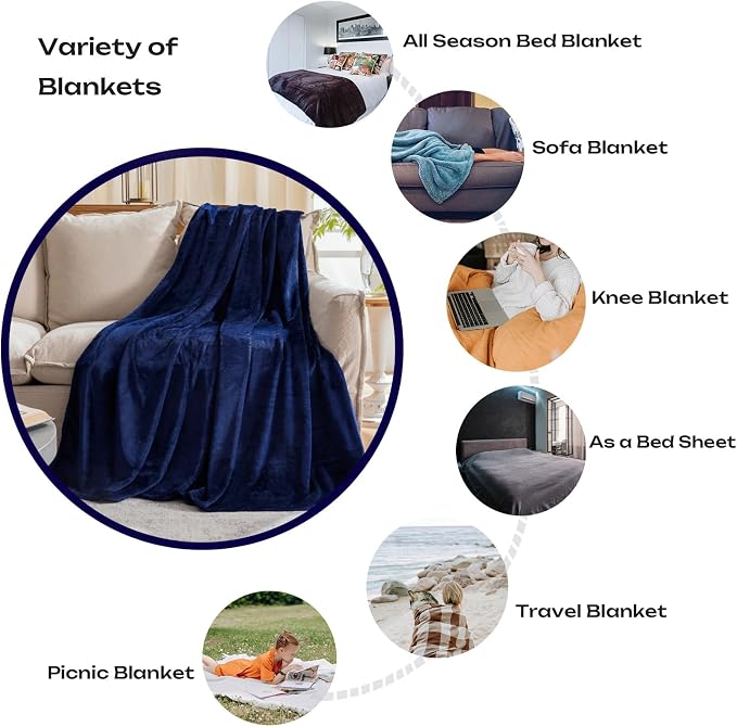 Fleece Plush Throw Blanket Navy Blue, Super Soft Fuzzy Cozy Flannel Blanket - Image 3