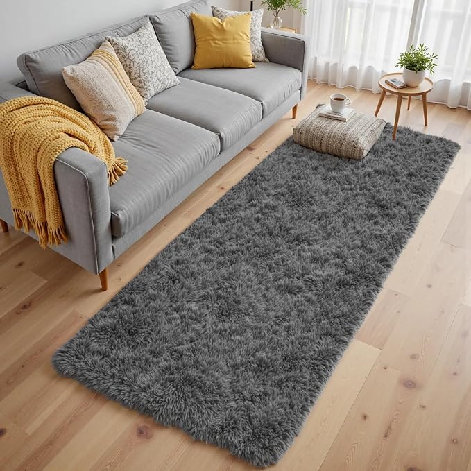 2x6 Bedside Area Rugs for Bedroom: Soft Fluffy Shag Gray Rug for Hallway - Image 2