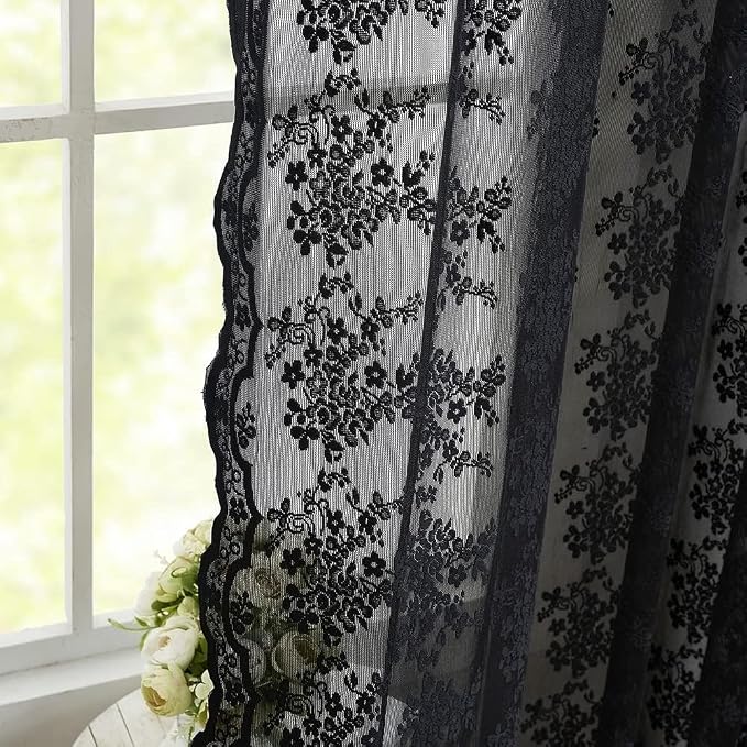 YJ YANJUN Vintage Lace Curtains 90 Inches Long- Victorian Floral Pattern Black - Image 4