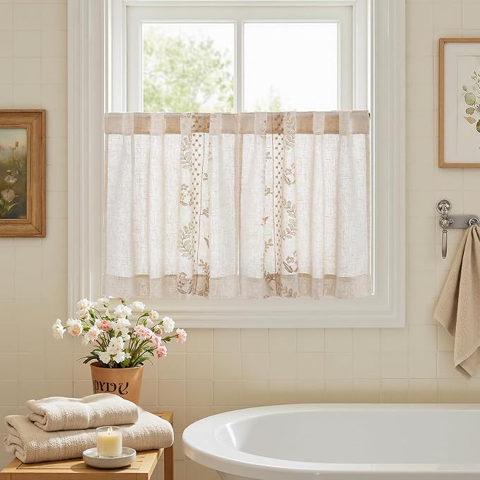 jinchan Belrose Linen Floral Kitchen Curtains 24 inch Length Embroidered - Image 9