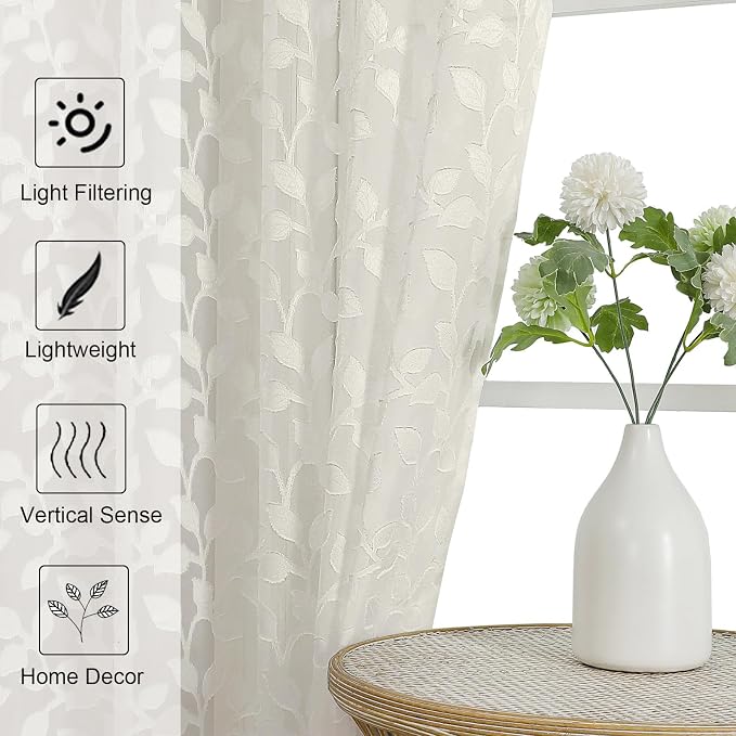 Chyhomenyc Ivory Sheer Curtains 30 Inch Length, Light Filtering Leaf Tufted - Image 6