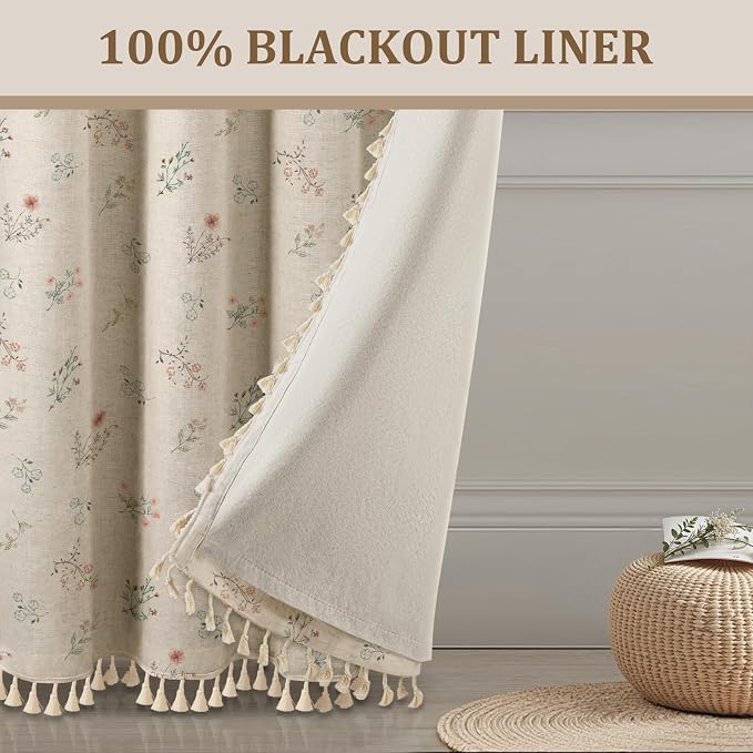 Boho Floral 100% Blackout Curtains 90 Inch Length 2 Panels Set, Linen Texture - Image 6