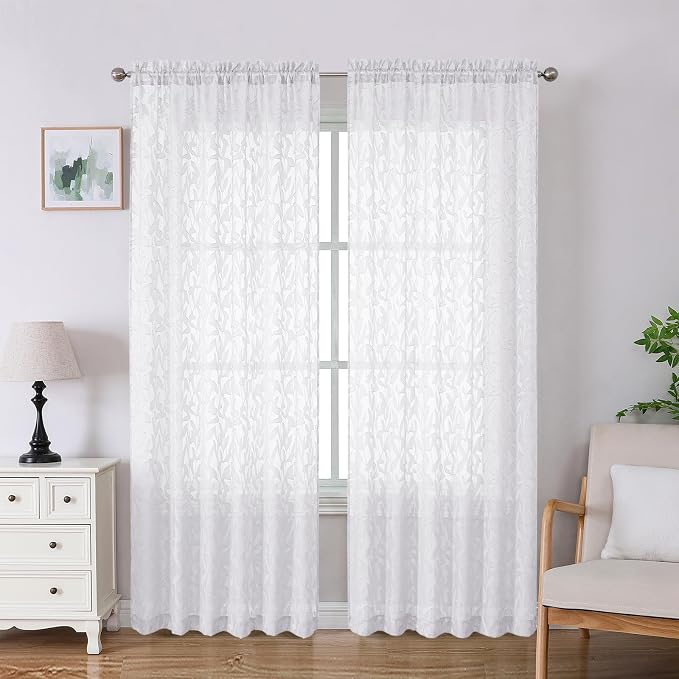 Lecloud Leia White Sheer Curtains 84 Inches Long 2 Panels, Airy Voile Jacquard by Lecloud