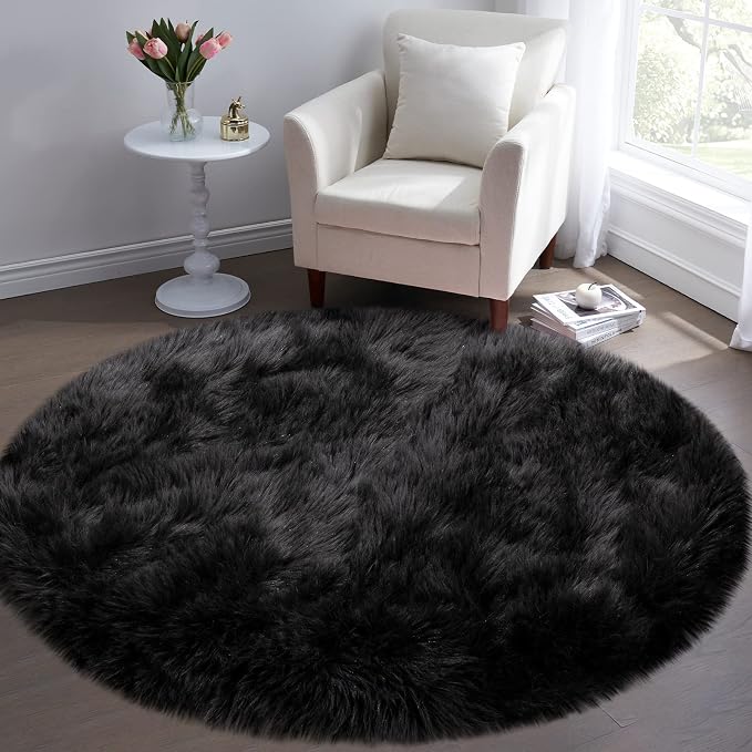 Faux Fur Rug for Bedroom, Small Furry Circle Rugs 3X3, Soft Shag Circular Rug - Image 2