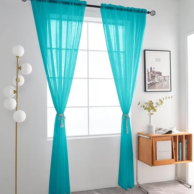SpaceDresser Basic Rod Pocket Sheer Voile Window Curtain Panels Peacock Blue 1 - Image 2