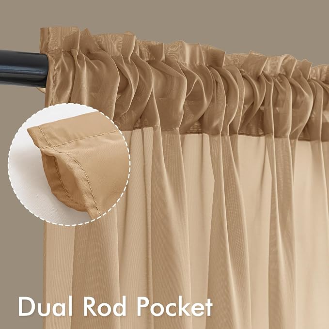 MIULEE Brown Sheer Curtains 108 Inches Long, 4 Panels Set, Rod Pocket Voile - Image 3