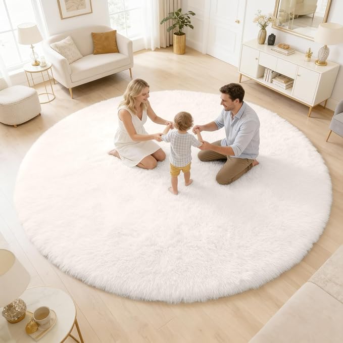 OLANLY Ivory Round Rugs for Bedroom by OLANLY