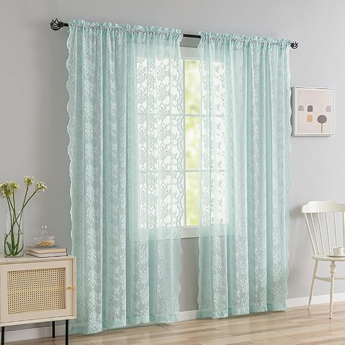 YJ YANJUN Vintage Lace Curtains 96 Inches Long-Victorian Floral Pattern Aqua - Image 2