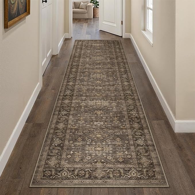 2'6x8 Washable Runner Rug for Hallway Kitchen Vintage Brown Non Slip Low Pile by WondRg