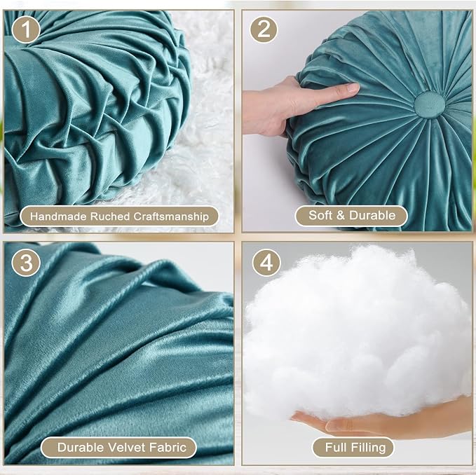 HIG Set of 2 Teal Ruched Velvet Round Throw Pillows – 14.5’’ Decorative Pillows - Image 3