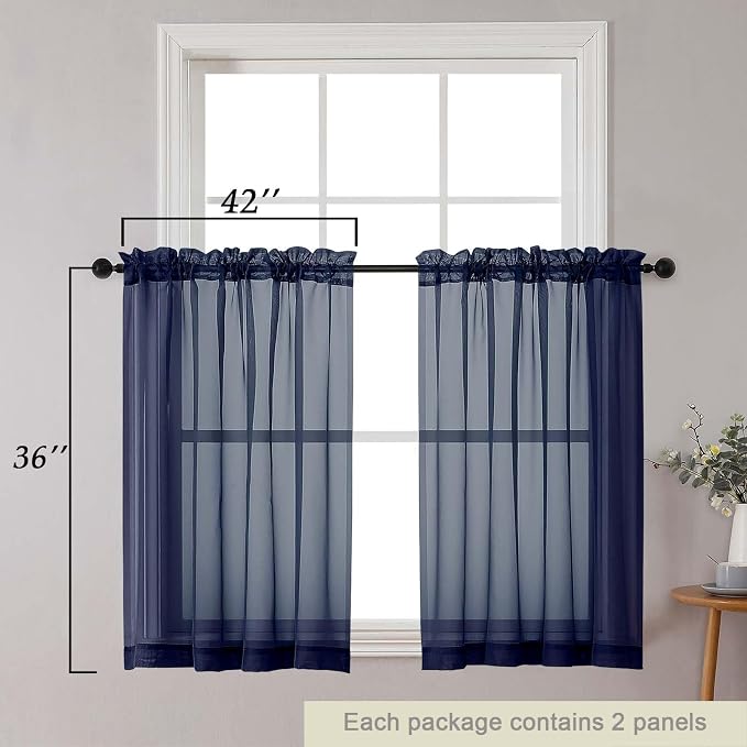 Cafe Curtains 36 Inch Length Tier 2 Pieces, Modern Soft Airy Sheer Kitchen - Image 2