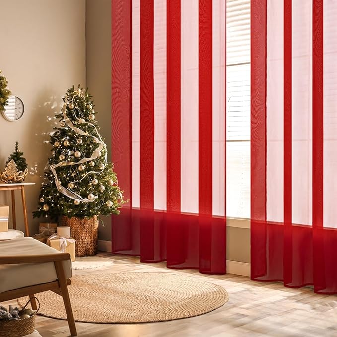 MIULEE 2 Panels Red Solid Color Sheer Christmas Window Curtains Elegant Window - Image 2