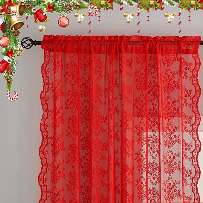 YJ YANJUN Vintage Lace Curtains 96 Inches Long-Victorian Floral Pattern Red - Image 2