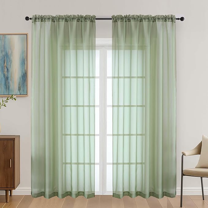 OVZME Sage Green Sheer Curtains 72 Inches Long 2 Panels Set, Light Filtering by OVZME