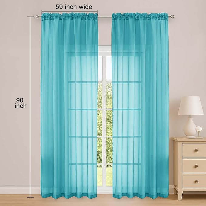 OWENIE Turquoise Sheer Curtain 90 Inches Long 2 Panels Set, Solid Filmy Drapes - Image 2