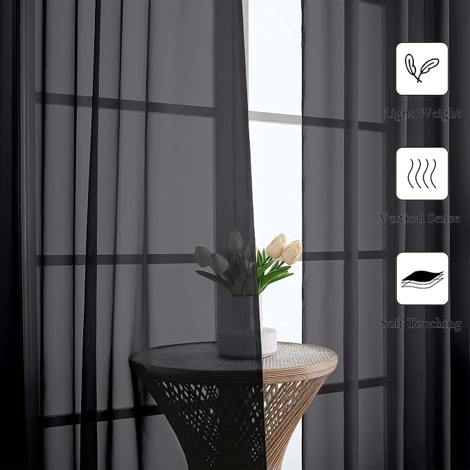 Lecloud Black Sheer Curtains 96 Inches Long 2 Panels, Solid Airy Voile Dual Rod - Image 3