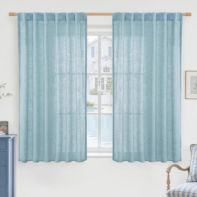 LAMIT Semi Sheer Linen Curtains 45 Inches Long, Light Filtering Panels Back Tab by LAMIT