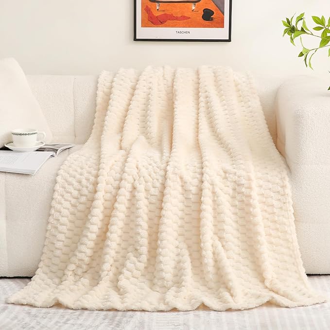 Puncuntex Cream White Throw Blanket 60"×80" inches Fuzzy 3D Jacquard Decorative by Puncuntex
