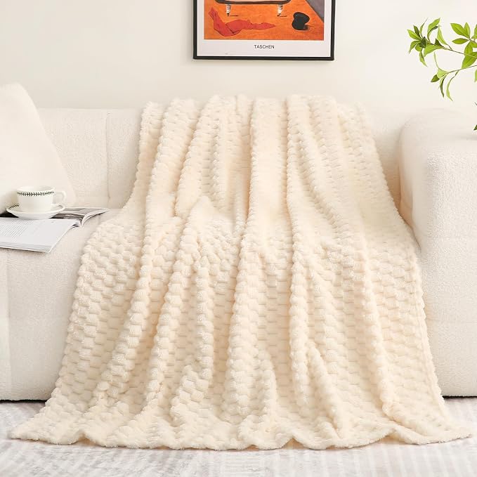 Cream White Throw Blanket 50"×60" inches Fuzzy 3D Jacquard Decorative Flannel - Image 2