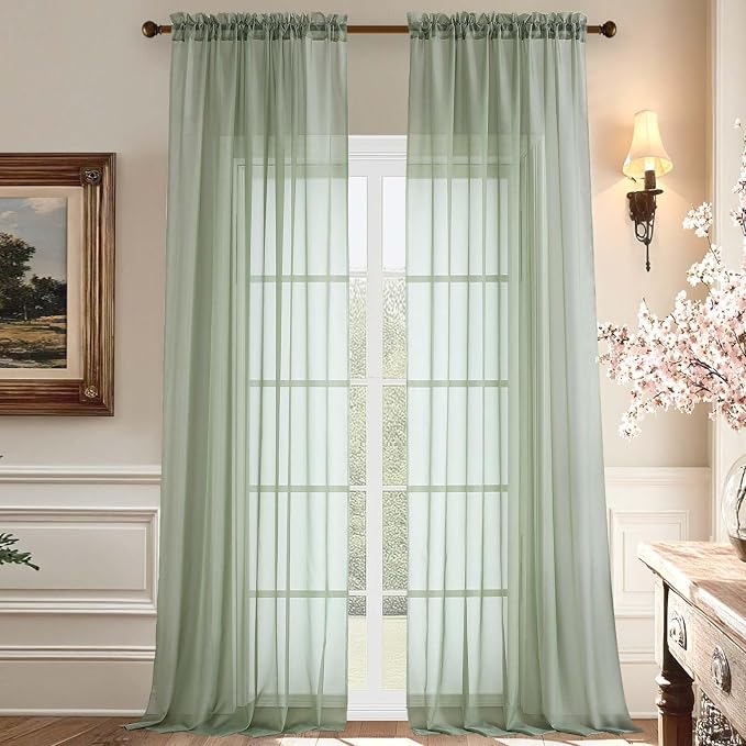 Aiyufeng Sheer Sage Green Curtains 120 Inches Long, Extra Long Rod Pocket Solid by Aiyufeng