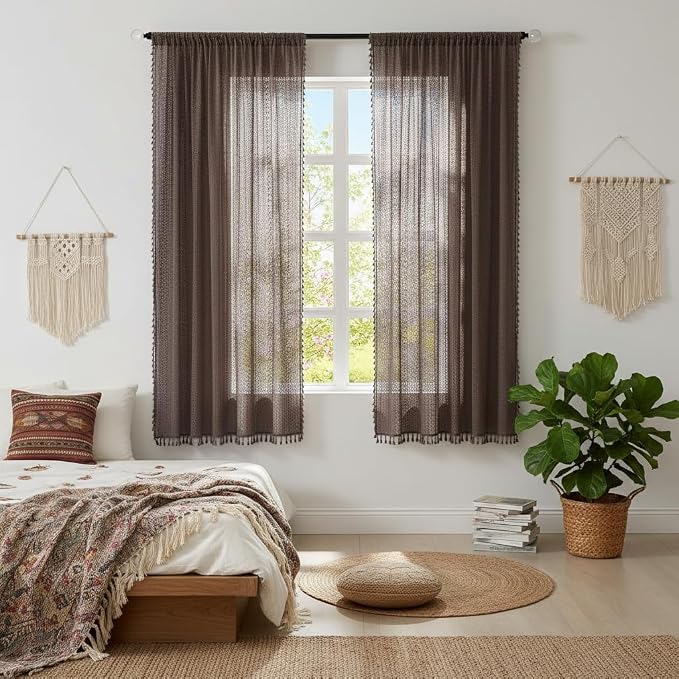 WAZZIO Boho Lace Curtains 63 Inches 2 Panel, Light Filtering Privacy Tassel & by WAZZIO