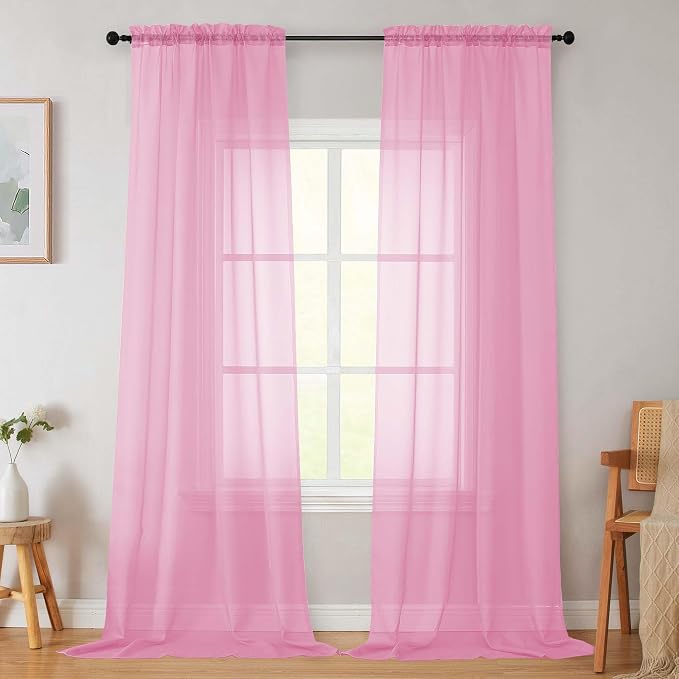 Pink Sheer Curtains for Bedroom Living Room 96 Inches Long 2 Panels, Modern by WelvetBLK