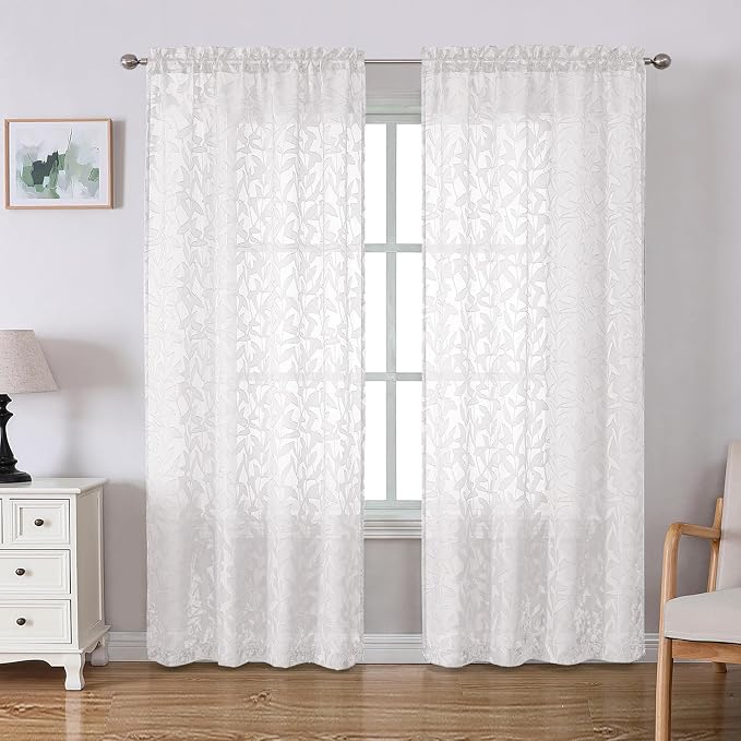 Lecloud Leia White Sheer Curtains 72 Inches Long 2 Panels, Jacquard Texture by Lecloud