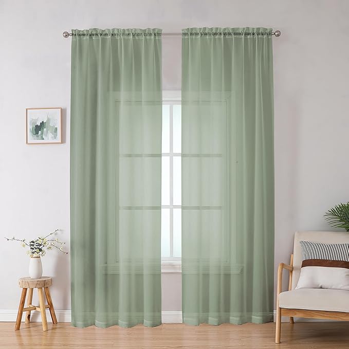 OWENIE Sheer Curtains, Sage Green Sheer Curtains 78 inch Length 2 Panels Set by OWENIE