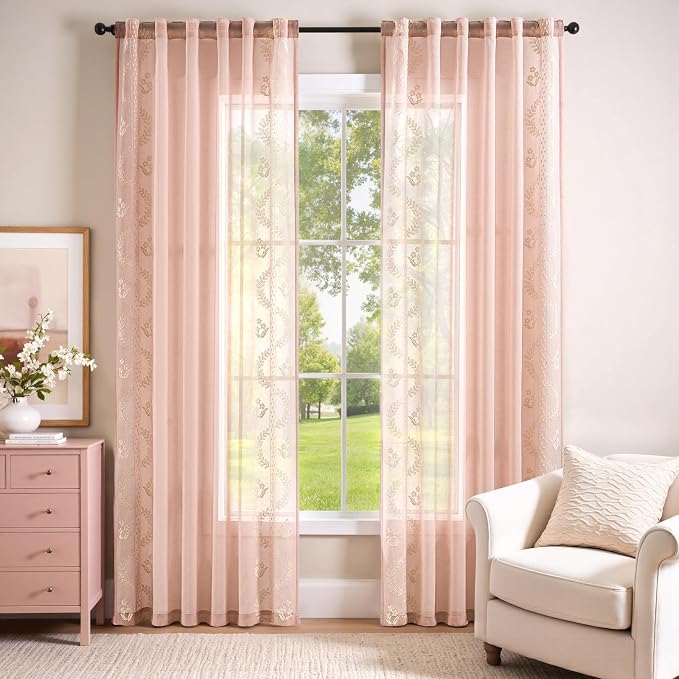 jinchan Belrose Winslow Pink Sheer Curtains 84 Inch - Image 2