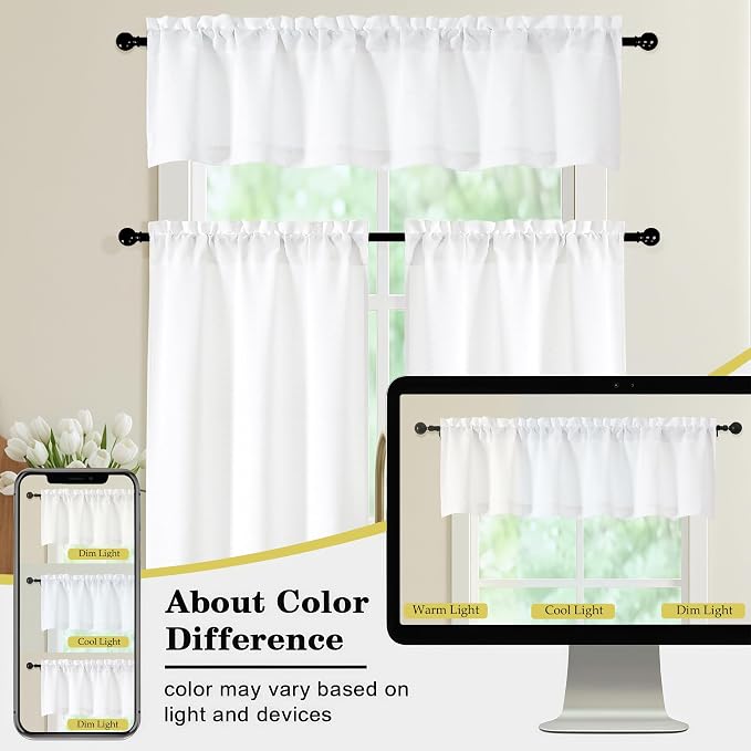 White Valances for Windows, Light Filtering Faux Linen Textured Small Short - Image 7