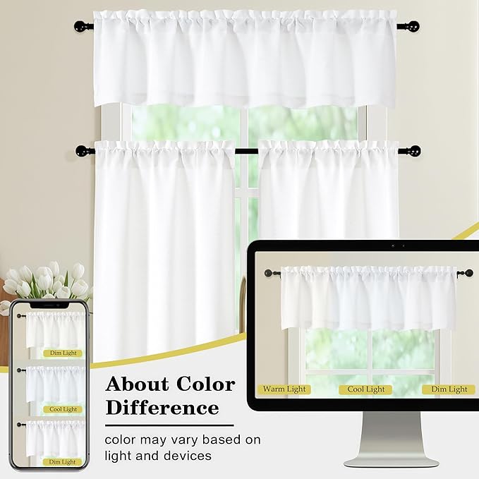 White Valances for Windows, Light Filtering Faux Linen Textured Small Short - Image 8