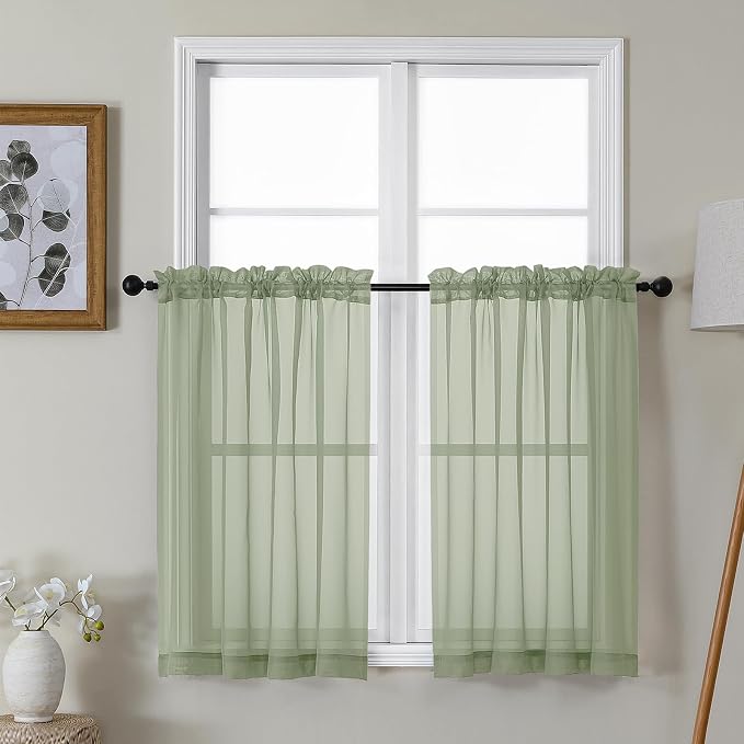 Gwine Sage Green Sheer Kitchen Curtains 36 Inch Length, Light Filtering Voile by Gwine