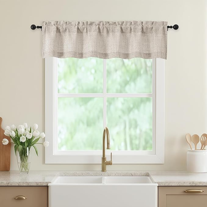 Linen Valances for Windows, Light Filtering Faux Linen Textured Small Short by WelvetBLK