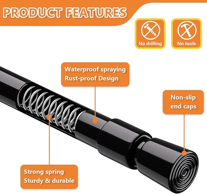 KXLife 4 Pack 5/8" Spring Tension Curtain Rod, Adjustable Tension Rods Black 18 - Image 3