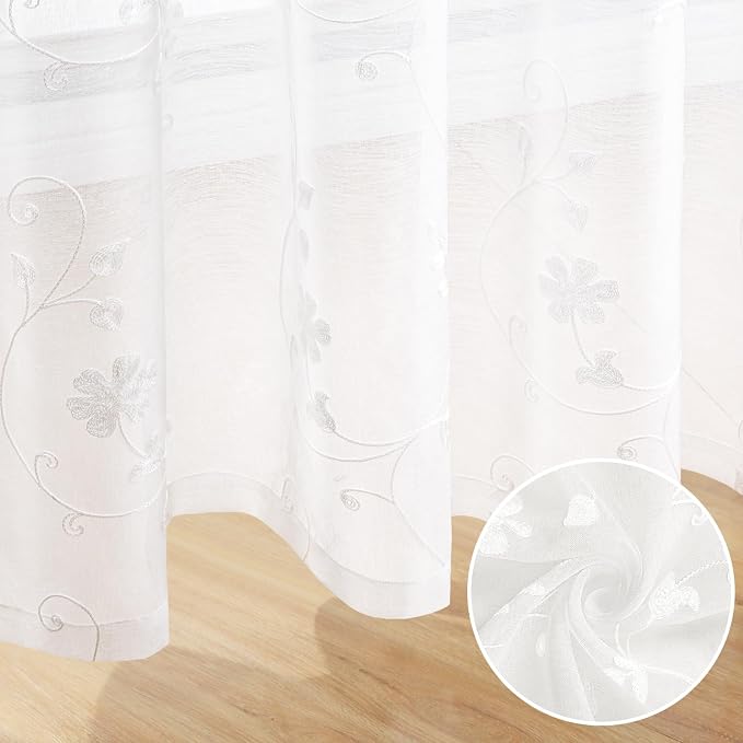 HOMEIDEAS White Sheer Curtains 96 Inches Long 2 Panels White Embroidered Floral - Image 7