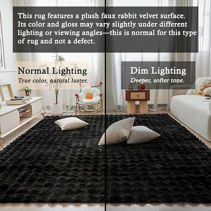 Black Rabbit Plush Rug 8'x10', Fluffy Faux Fur Shaggy Area Rug - Image 3