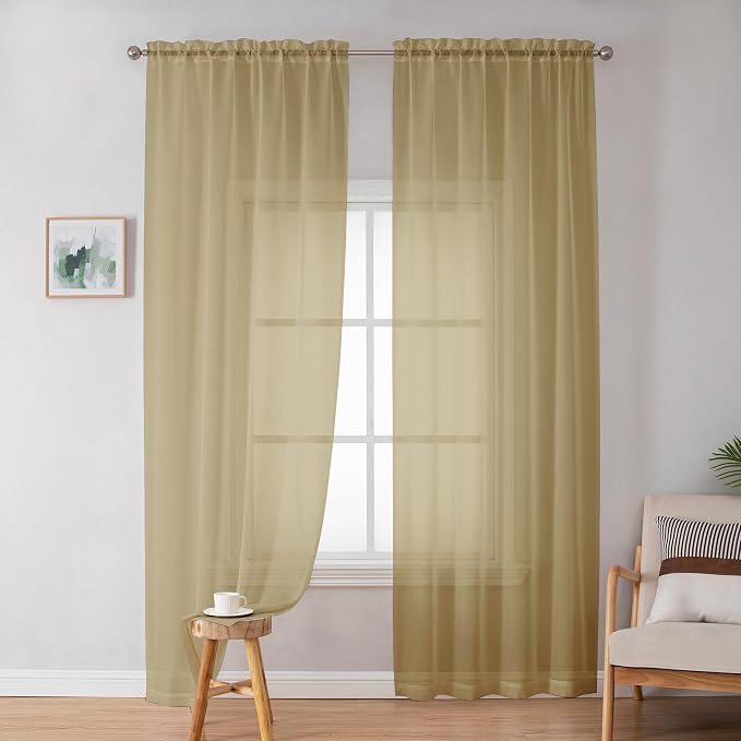 OWENIE Gold Sheer Curtains 84 Inch Length 2 Panels Set, Light Filtering Voile - Image 2