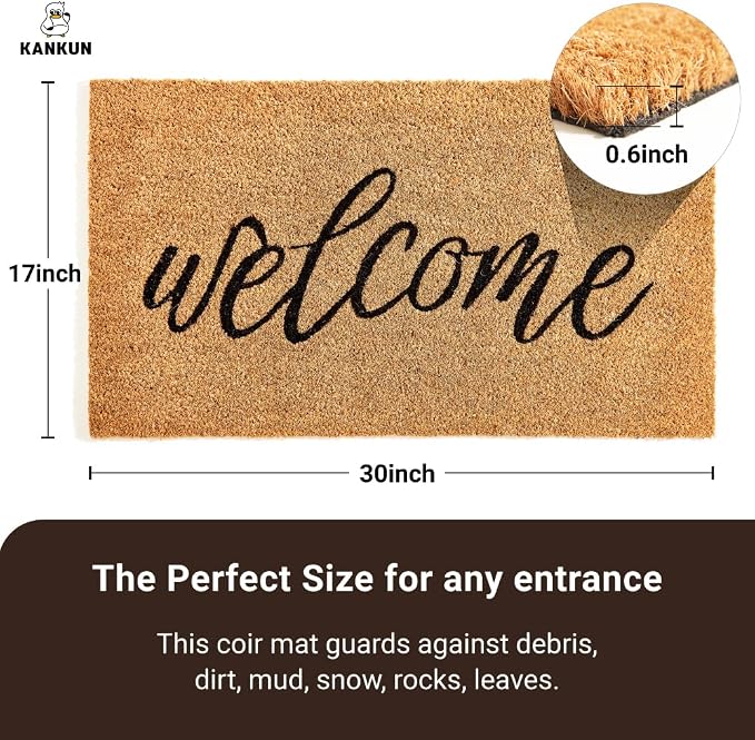 KANKUN Coco Coir Door Mat with Heavy Duty Backing, Welcome Doormat, Doormat - Image 3