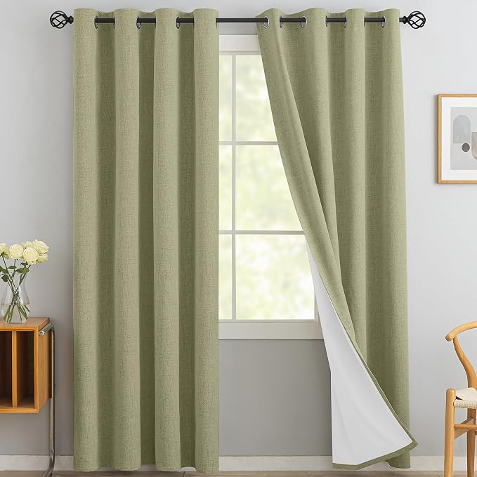 Yakamok Sage Green Linen Curtains 100% Blackout 90 Inches Long, Room Darkening by Yakamok
