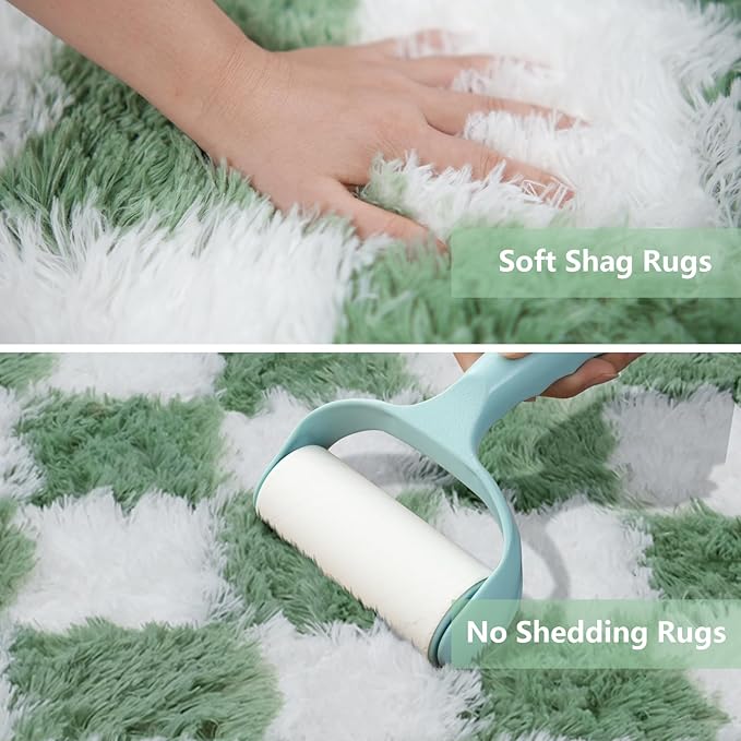 Area Rugs for Bedroom Living Room, 8x10 Green and White Fluffy Soft Checkered - Image 4