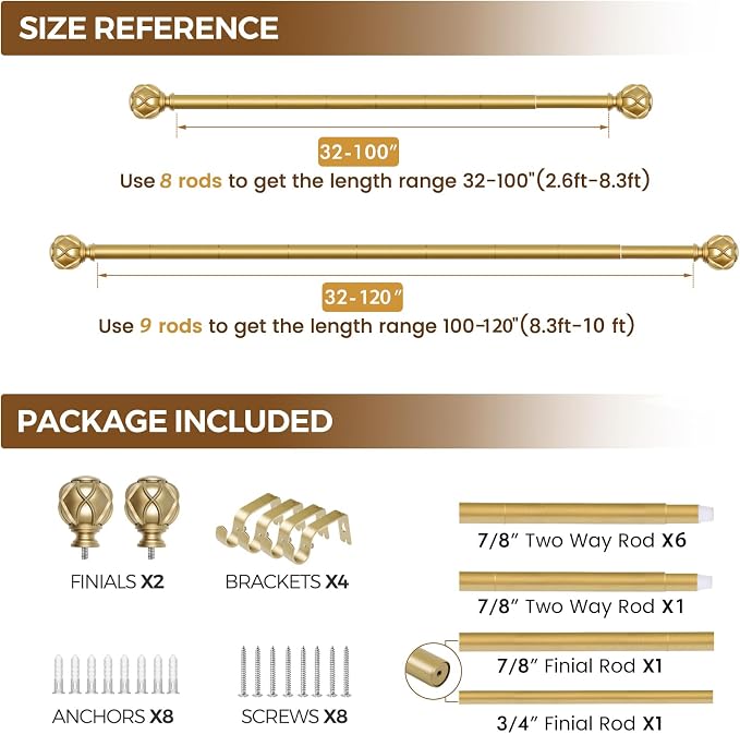 KAMANINA Curtain Rods for Windows 66 to 120 Inch, 7/8 Inch Gold Heavy Duty - Image 8