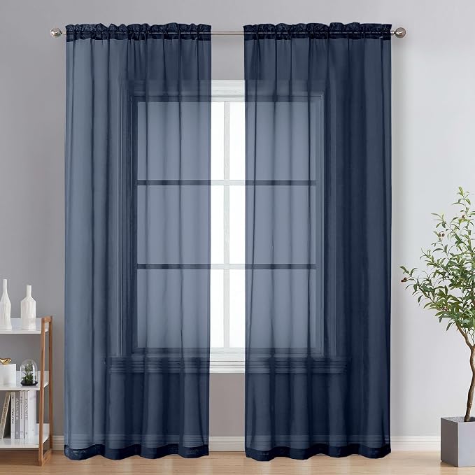OVZME Navy Blue Sheer Curtains 78 Inches Long 2 Panels by OVZME