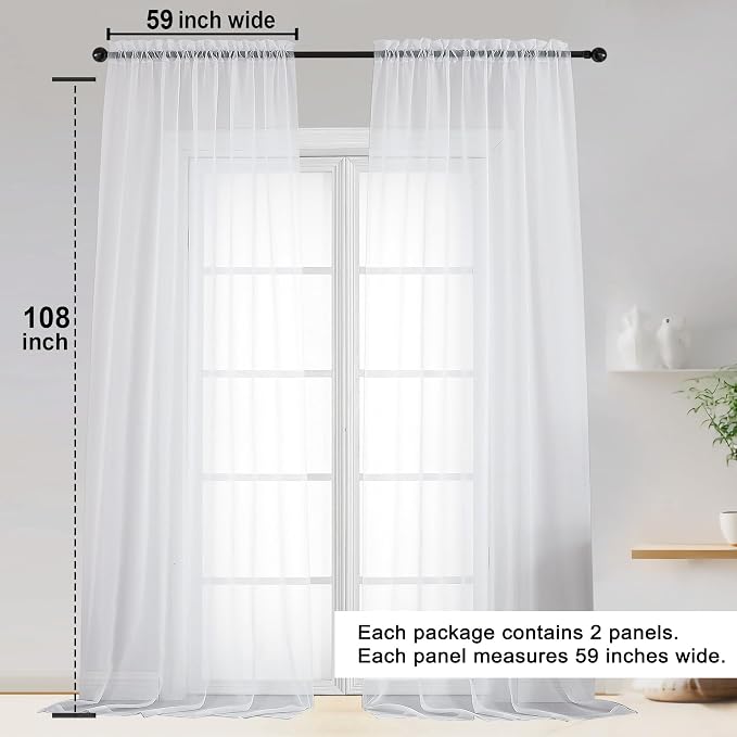 OWENIE Sheer White Curtains 108 Inches Long - Image 2