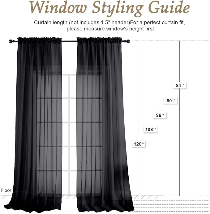 OVZME Black Sheer Curtains 108 Inches Long 2 Panels Set, 59 Inch Extra Wide - Image 2