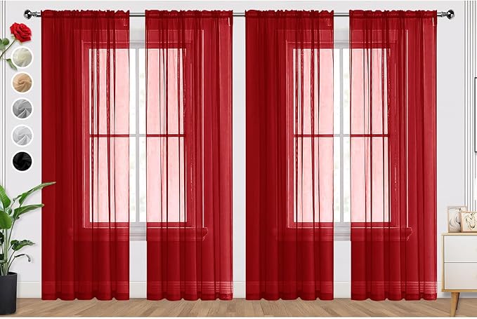 SpaceDresser Christmas Red Sheer Curtains 4 Panels Rod Pocket Semi-Sheer by SpaceDresser